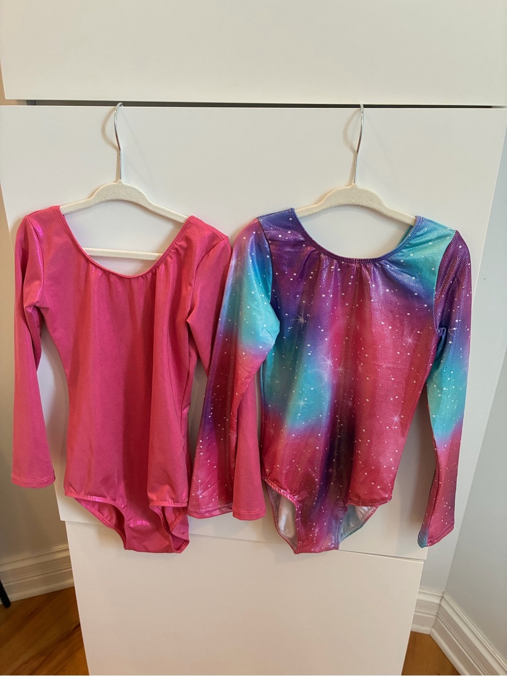 Set of 2 Girls' Pink & Galaxy Print Long Sleeve Dance Leotards - Size 130 (7/8)